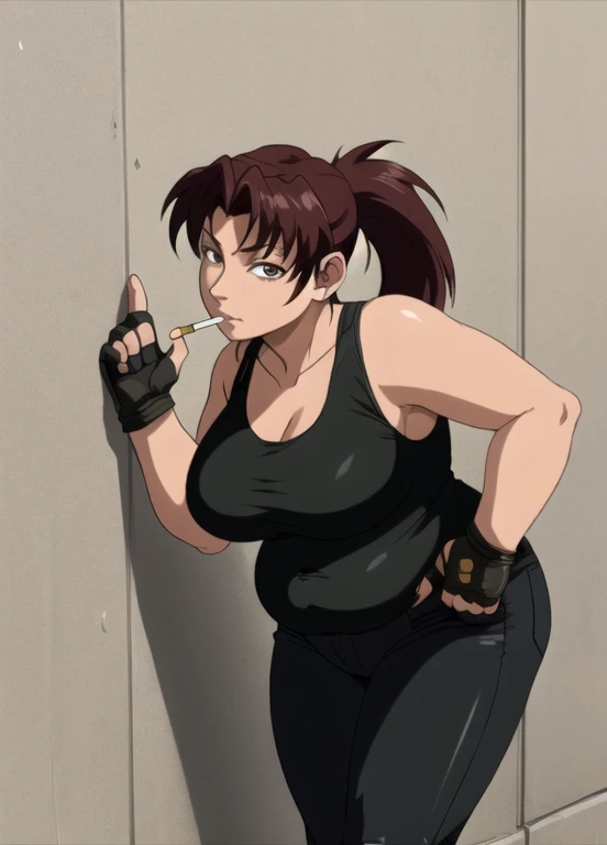 (masterpiece, highest quality:1.2), solo, 1girl, revy, 45-year-old, mature woman, milf, (Chubby figure:1.5), expressionless, looking at viewer, ponytail, (Wearing: red tank top, fingerless gloves, black leather pants), holding a cigarette, city street, standing, leaning up against a wall
