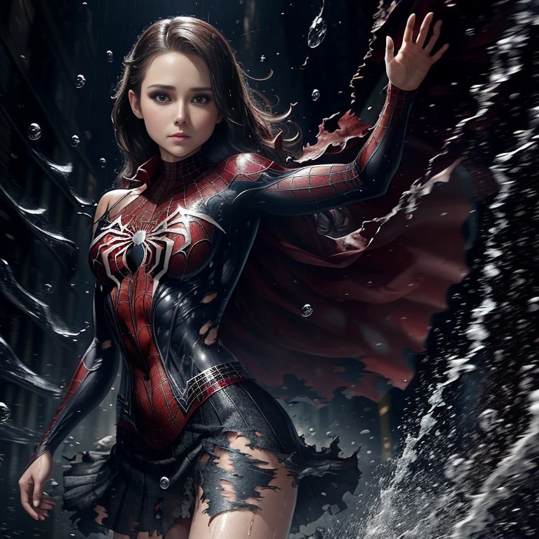 Kristen Bell、マーベル・コミック映画のPoster, Very beautiful, Movies about Spiderman, sexy, whole body, I'm wearing a skirt、Premiere date, Poster、belly buttonを突き出す、new york、She&#39;s wearing a torn Spider-Man suit,The suit is torn、Wearing a skirt、 Red and black color scheme,dynamic、masterpiece、highest quality、Ultra-detailed、Very detailed、A delicate and beautiful shine、超A high resolution、Cinematic,Break,Breakdrop,(Torn clothes:1.5), (Wet clothes:1.4), Bare shoulders,Real Rain,Wet Hair,belly button、Exposing Skin、sexyな肩を見せてる