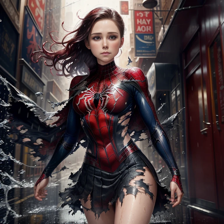 Kristen Bell、マーベル・コミック映画のPoster, Very beautiful, Movies about Spiderman, sexy, whole body, I'm wearing a skirt、Premiere date, Poster、belly buttonを突き出す、new york、She's wearing a torn Spider-Man suit,The suit is torn、Wearing a skirt、 Red and black color scheme,dynamic、masterpiece、highest quality、Ultra-detailed、Very detailed、A delicate and beautiful shine、超A high resolution、Cinematic,Break,Breakdrop,(Torn clothes:1.5), (Wet clothes:1.4), Bare shoulders,Real Rain,Wet Hair,belly button、Exposing Skin、sexyな肩を見せてる