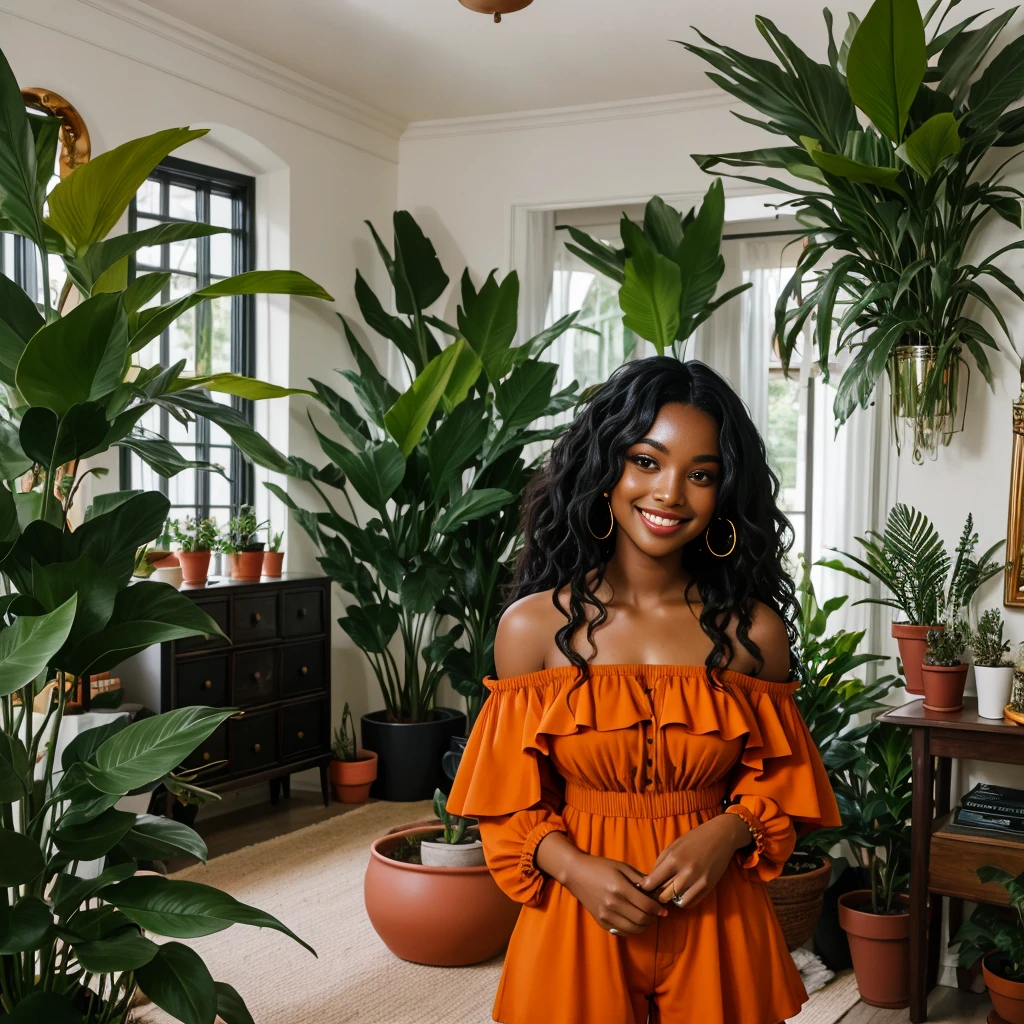 Long wavy luxurious black hair, black woman, medium brown skin tone, beautiful smile, orange off shoulder romper,room full of plants in big pots, flowers, living room, decor, 