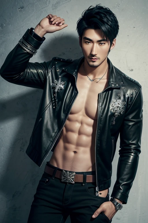 Godfrey Gao 20-year-old boy with open black jacket, blue t-shirt with snow print, short black hair, punk style, yellow locks, black jeans, green eyes, black leather belt, silver buckle, slim muscular build, cross medallion, silver bracelet, looking straight at the viewer