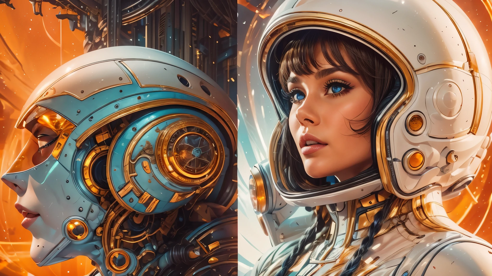 arafed image of a white woman in a futuristic suit with a spaceship in the background, movie art, in front of an orange background, inspired by Robert McGinnis, female protagonist, megastructure in the background, portrait of an ai astronaut, astronauts, an astronaut, portrait of a astronaut skeletor, perfect android girl, detailed eyes, perfectly detailed teeth, frank franzzeta and sakimichan