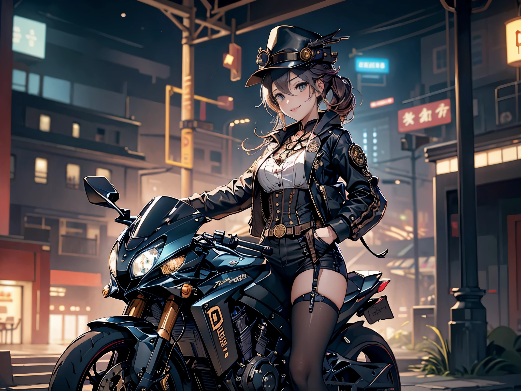 (Line art_anime),(Cowboy Shot, highest quality, ),(Photo by Laura Budd:1.2),(Laura Add details:1.0),8K, Flat Color:0.8,Dynamic Angle,1 girl,smile、(On a steampunk motorcycle:1.5)、An elaborately decorated motorcycle、(Highly decorative and complex mechanical steampunk fashion, lace flare dolphin hat、goggles 1.5、machinery background、Gear background、Intricately mechanized steampunk cityscape 1.5),