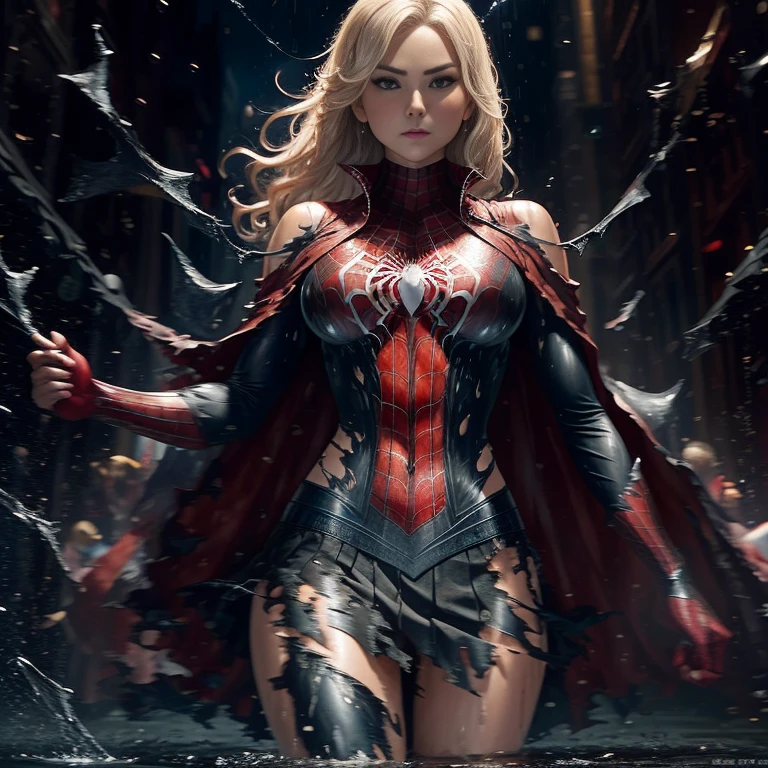 Elisha Cuthbert、マーベル・コミック映画のPoster, Very beautiful, Movies about Spiderman, sexy, whole body, I'm wearing a skirt、Premiere date, Poster、belly buttonを突き出す、new york、She&#39;s wearing a torn Spider-Man suit,The suit is torn、Wearing a skirt、 Red and black color scheme,dynamic、masterpiece、highest quality、Ultra-detailed、Very detailed、A delicate and beautiful shine、超A high resolution、Cinematic,Break,Breakdrop,(Torn clothes:1.5), (Wet clothes:1.4), Bare shoulders,Real Rain,Wet Hair,belly button、Exposing Skin、sexyな肩を見せてる