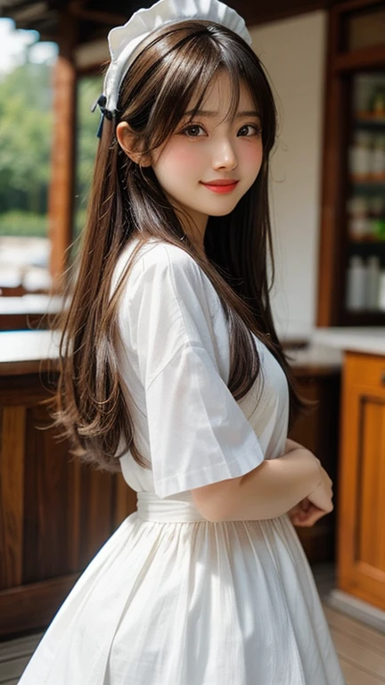 Best image quality, Focus, Soft light, Black hair, (Japanese)), (((Front, ))), (Depth of field), Ultra high resolution, (Real: 1.4), RAW photo, ((maid costume)), smiling face
