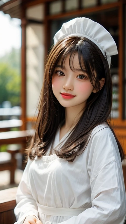 Best image quality, Focus, Soft light, Black hair, (Japanese)), (((Front, ))), (Depth of field), Ultra high resolution, (Real: 1.4), RAW photo, ((maid costume)), smiling face
