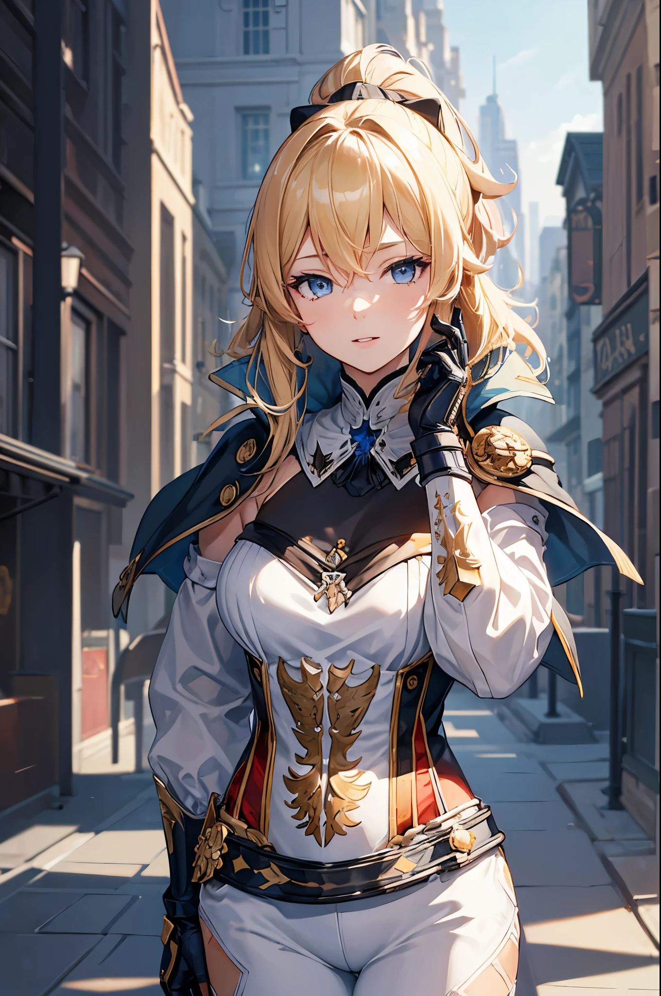 (masterpiece, best quality:1.2), expressive eyes, perfect face, highres, 1girl, solo, jeanfavonian, short hair, blonde hair, city, day, standing, happy, parted lips, hands on hip, upper body, looking at the viewer