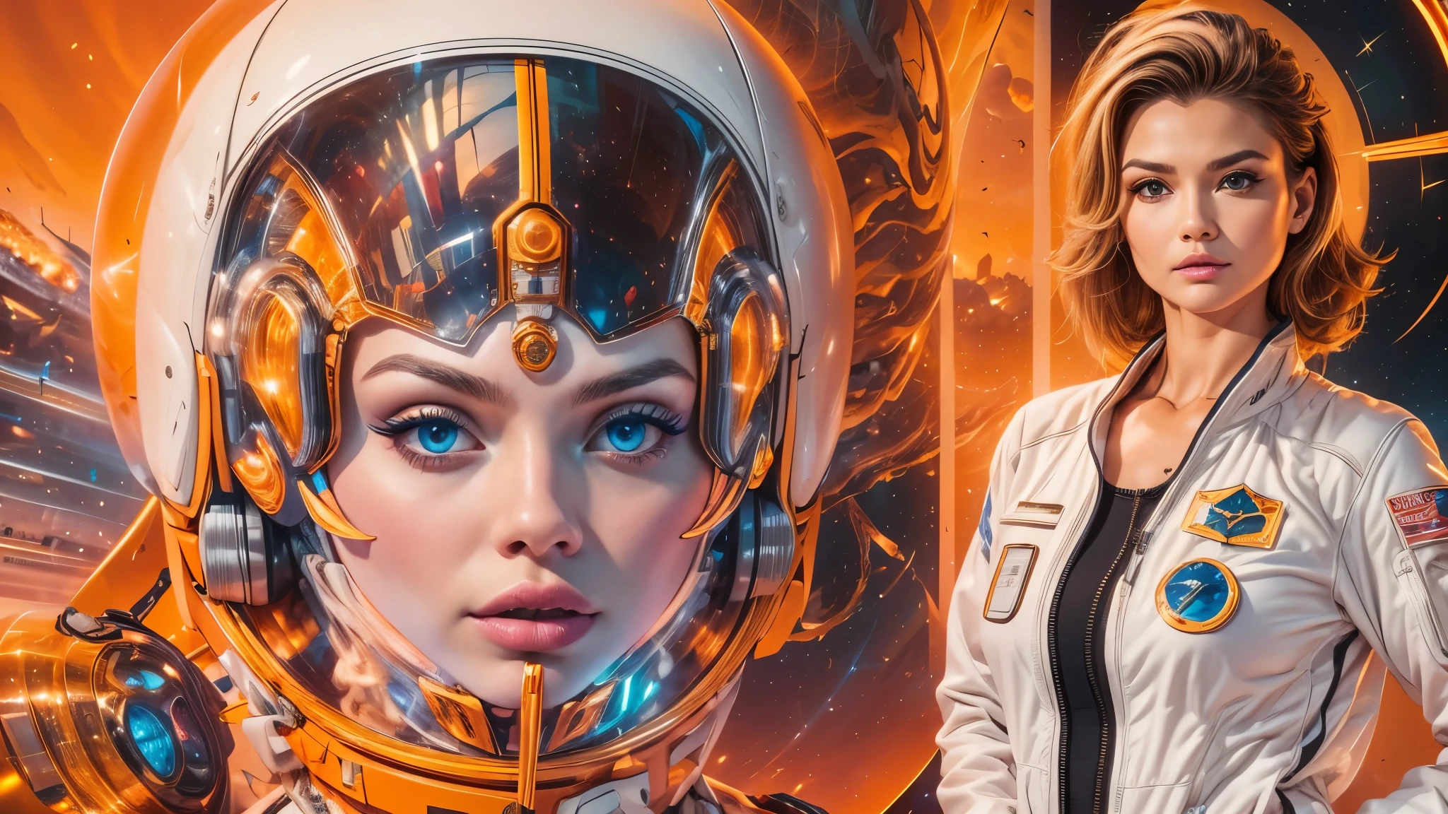 arafed image of a white woman in a futuristic suit with a spaceship in the background, movie art, in front of an orange background, inspired by Robert McGinnis, female protagonist, megastructure in the background, portrait of an ai astronaut, astronauts, an astronaut, portrait of a astronaut skeletor, perfect android girl, detailed eyes, perfectly detailed teeth, frank franzzeta and sakimichan  