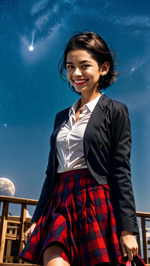 1girl, solo, looking at viewer, smile, short hair, skirt, shirt, black hair, long sleeves, holding, hair between eyes, brown eyes, closed mouth, , jacket, white shirt, ahoge, pleated skirt, outdoors, necktie, sky, bag, plaid, night, plaid skirt, moon, blazer, red necktie, star (sky), night sky, full moon, starry sky