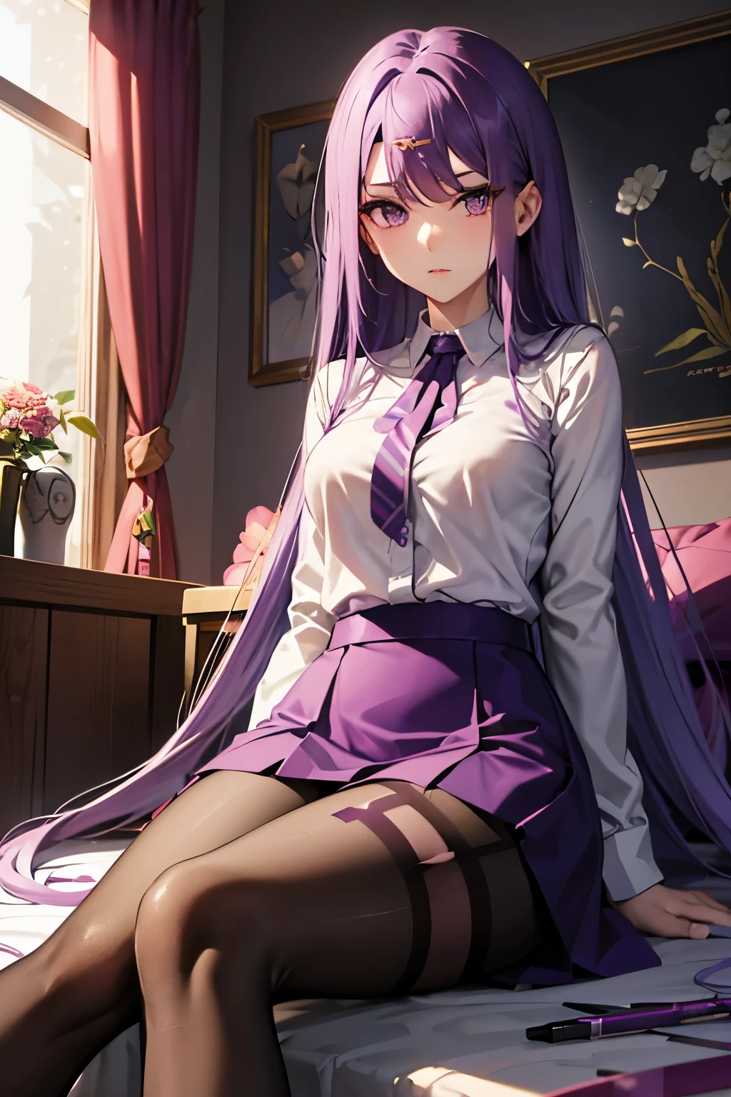 Medusa、fate、Purple Hair、Long Hair、((pantyhose))、Photo from below、Medium chest、Bedroom、mini skirt、Pencil Skirt、blouse、、Leg spread