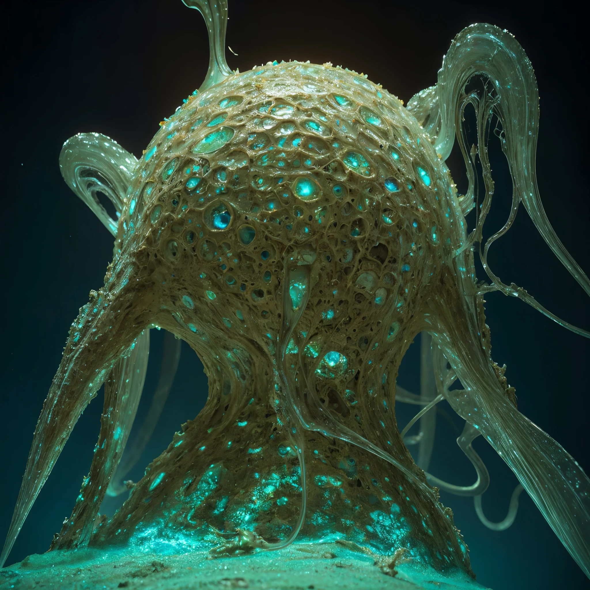 Looking up, (giant transparent mutated creature), this creature has short legs, a lot of dark mist, thick fog, night sky, biochemical mutated nucleus, Teratoid teratoid shape, Grotesque bizarre, Bioluminescence bioluminescent, Zdzistaw Beksinski, H R Giger, Webbed Feed webbed tentacles, Rudimentary Wings missing wings/Gills cheeks, lumpy umorous Scaly scales, Jerky convulsions, Slithering crawling, Erratic irregular, Wrinkled wrinkled, Microbiology microbiology, Photosensitive phosphorescent, with several wired lighting fixtures in a semi transparent resin wave style, bryce 3D, mural like composition, weathered materials, glowing sfumato, reflective, high detail, surreal, 3D rendering, complex mesh, lightbox, made of feathers, nyc explosion coverage, interesting character design, bokeh, Dense fog, fog,
From below, upside down, chiaroscuro, UHD, masterpiece, super detail, high details, high quality, award winning, best quality, highs, 16k,