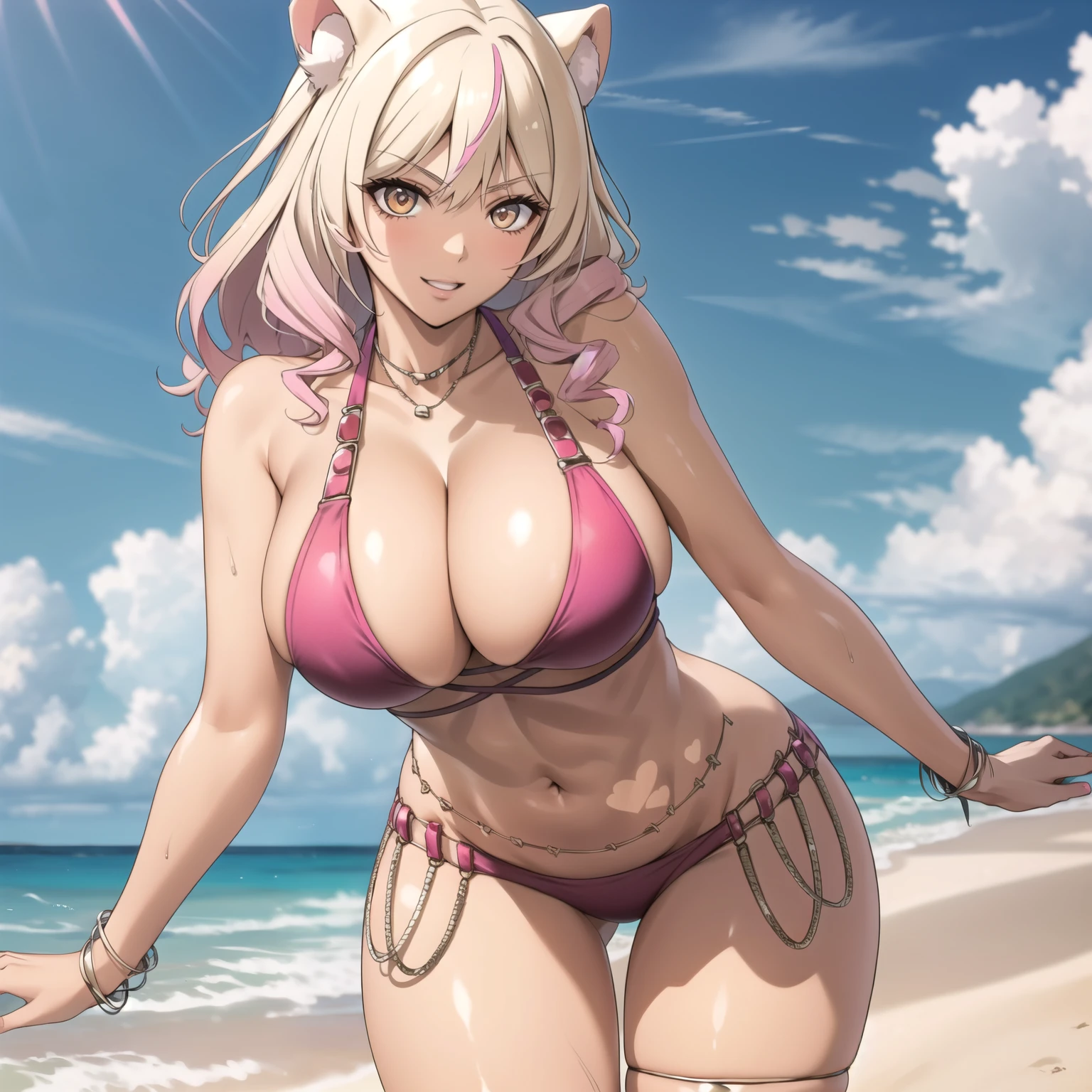 24 year old woman blonde hair with pink tips, orejas de oso, ojos rosados, piel morena, piel bronceada. piel grasa, pechos grandes , bikini rosado, accesorios, sonrisa, fondo una playa, cuerpo completo. orejas de oso, orejas de oso. caminando frente a la camara.