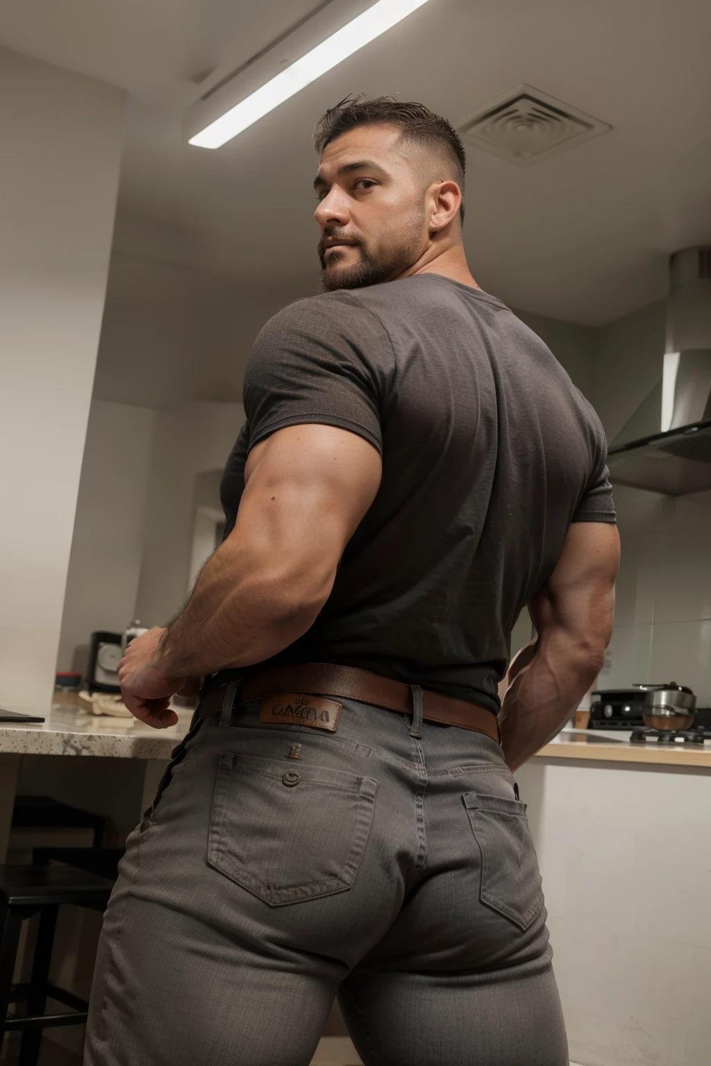 hombre musculoso salvaje, (40 year old daddy:1.1), 1 chico, Solo, (vistiendo una camisa a cuadros roja afuera), (camiseta gris por dentro), (hombros grandes), musculatura, rastrojos, barba corta, ojos bonitos:1.3, ), (cara detallada:1.3), smiles, dynamic angle, volumetric lighting, (mejor calidad, A high resolution, fotorrealista), cinematic lighting, Obra maestra, foto cruda, detalles intrincados, hdr, cuerpo completo, Big muscular body, Big Bubble butt, camisa fajada, white jeans backside backside crouched man manly