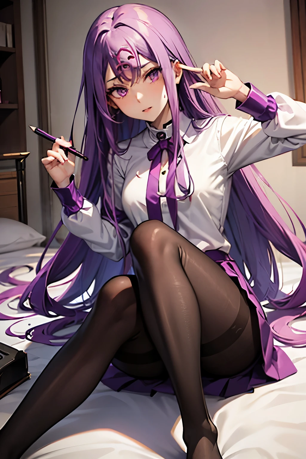 Medusa、fate、Purple Hair、Long Hair、((pantyhose))、Photo from below、Medium chest、Bedroom、mini skirt、Pencil Skirt、blouse、、Leg spread