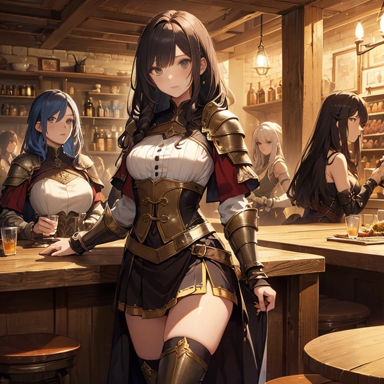 A group of  female medieval fantasy adventurers, (in tavern), various hair styles, harem, night, details face, short skirt, seducing, sleeveless, armor