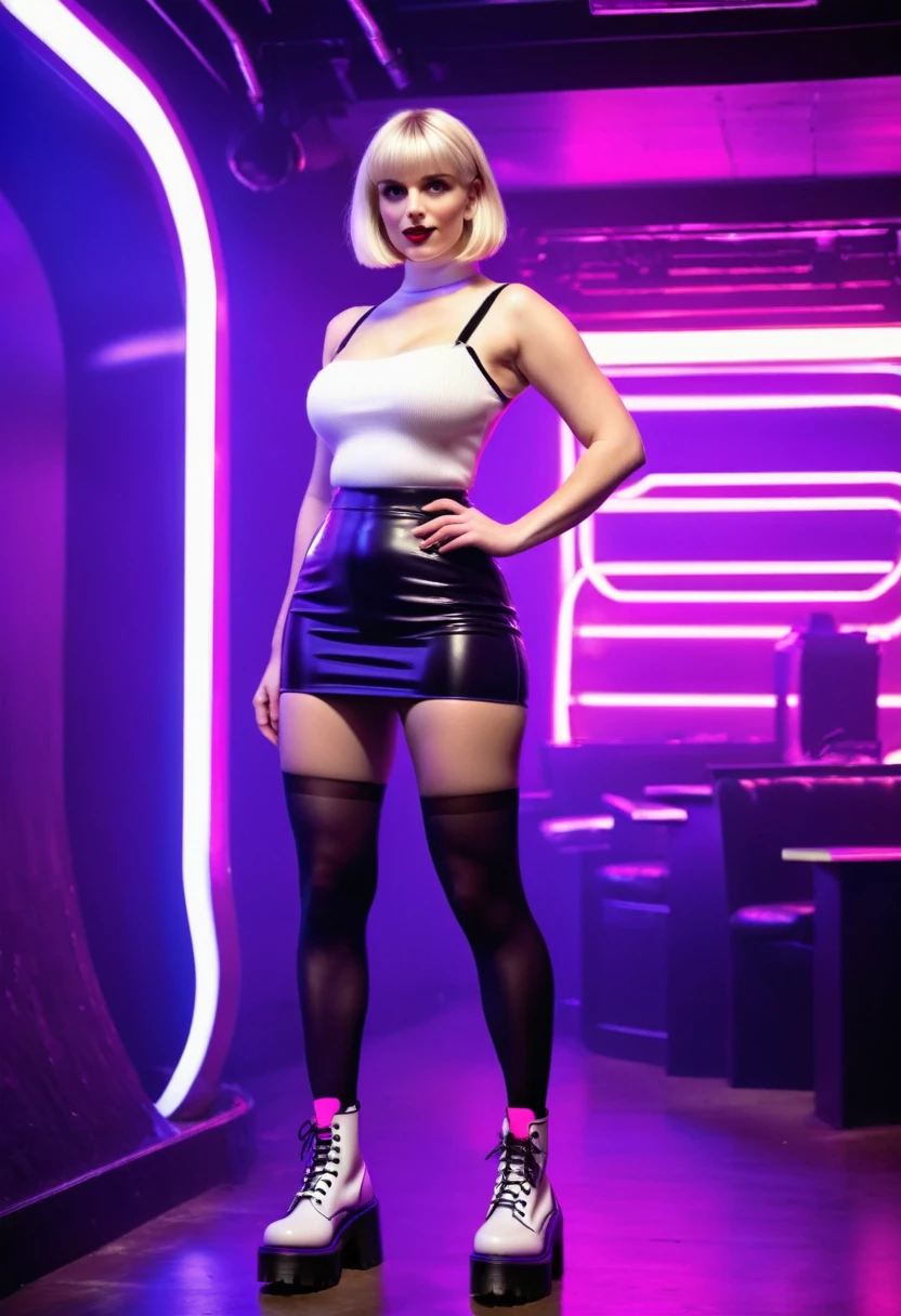 (full body photo:1.3), solo, (from below)1.2, (stylish bob haircut) (huge natural breasts)1.3, (futuristic, nightclub, neon light), (standing pose), (black tights and white wool socks)1.3, (pink tube-top) (purple tight mini skirt)1.2, (black tights and white wool socks)1.3 (Platform Dr Martens boots)1.2, (wide hips, curvy, (thick thighs) (muscular legs))1.2, intricate detail, ((random ethnicity from Europe) mature female)1.2 posh, (environmental portrait), perfect eyes, looking at viewer, showing ass