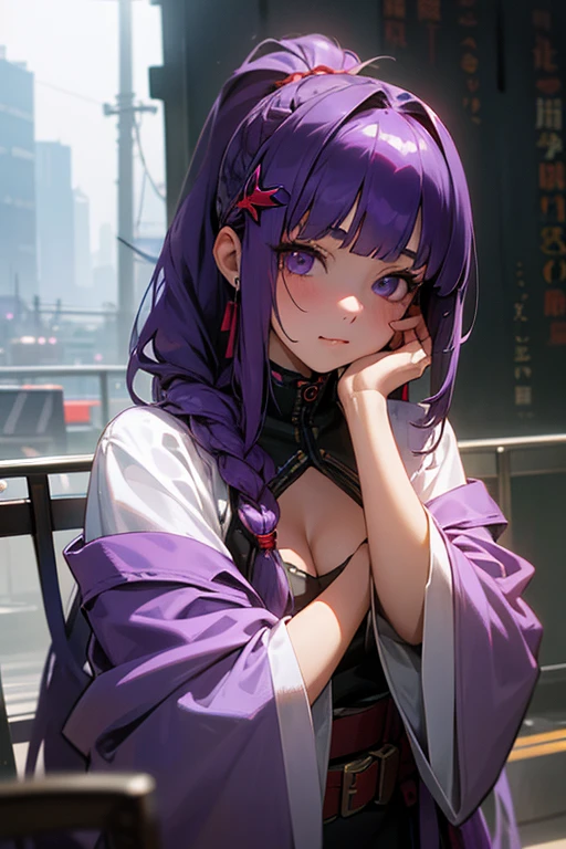 1 girl, Blunt bangs, Braiding, Wide sleeves, hair ornaments, Red Belt, (Purple Hair:1.2), Very long hair, Straight hair, Looking at the audience, Highly detailed background, (Realistic:1.2), Beautiful Eyes, Red eyeshadow, Written boundary depth,thigh, (Ulzzang-6500:0.7), Upper Body, (alone:1.2), (Cyberpunk City:1.1), Cleavage, Shiny skin、Sit at the bar counselor、Hair blowing in the wind、Please touch your cheeks with both hands..、Touching hair with both hands、ponytail