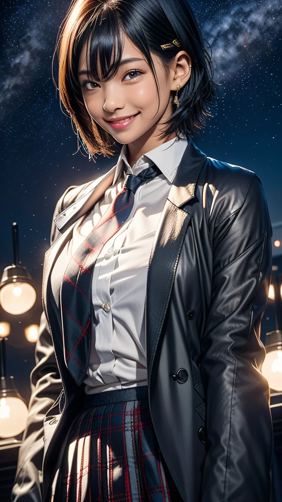 1girl, solo, looking at viewer, smile, short hair, skirt, shirt, black hair, long sleeves, holding, hair between eyes, brown eyes, closed mouth, , jacket, white shirt, ahoge, pleated skirt, outdoors, necktie, sky, bag, plaid, night, plaid skirt, moon, blazer, red necktie, star (sky), night sky, full moon, starry sky