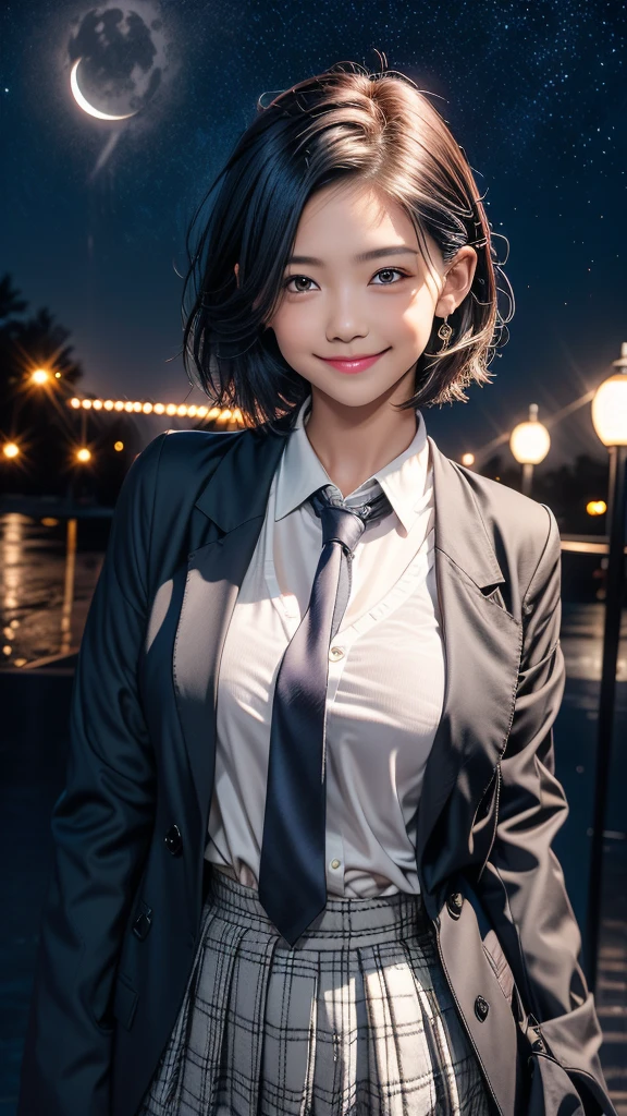 1girl, solo, looking at viewer, smile, short hair, skirt, shirt, black hair, long sleeves, holding, hair between eyes, brown eyes, closed mouth, , jacket, white shirt, ahoge, pleated skirt, outdoors, necktie, sky, bag, plaid, night, plaid skirt, moon, blazer, red necktie, star (sky), night sky, full moon, starry sky