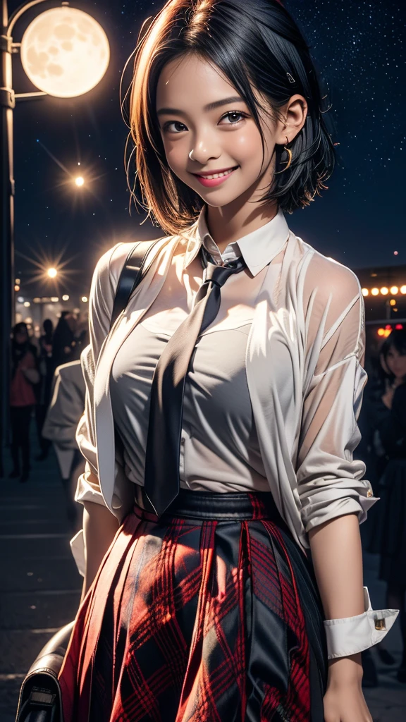 1girl, solo, looking at viewer, smile, short hair, skirt, shirt, black hair, long sleeves, holding, hair between eyes, brown eyes, closed mouth, , jacket, white shirt, ahoge, pleated skirt, outdoors, necktie, sky, bag, plaid, night, plaid skirt, moon, blazer, red necktie, star (sky), night sky, full moon, starry sky