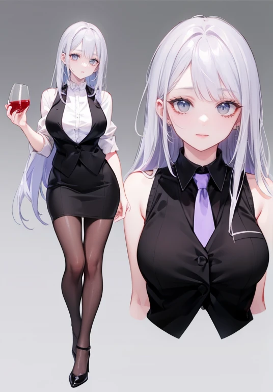 ((Perfect Face)),Purple Hair,Semi-long hair,1 female,bartender,,Black vest,tie,High heels,,((Simple light color background)),((smile)),((whole body)),((whole body)),Portraiture,virtual,upright,