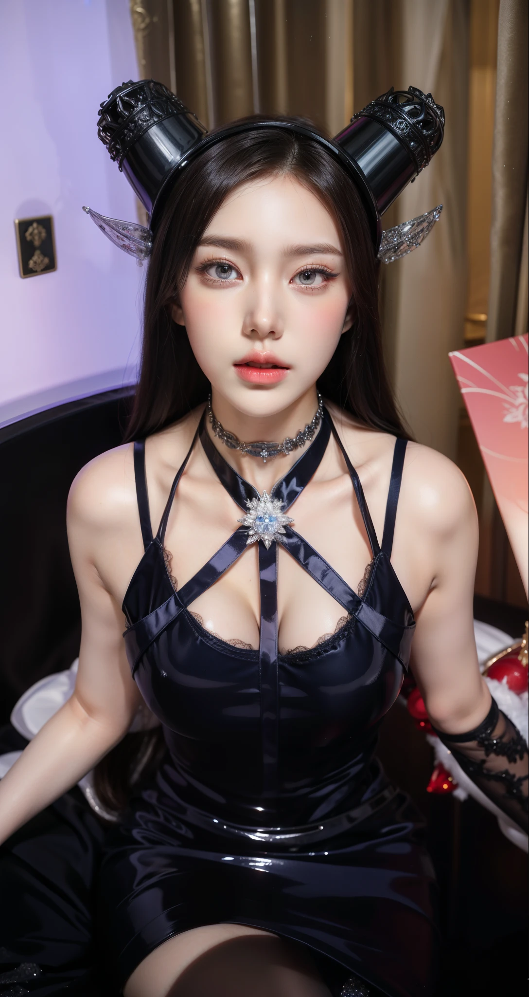 Super detailed, Delicate face, Realistic style, Stock Photography , rich and colorful, Surrealism, Realistic textures, Dramatic Lighting, Thin Film Distiller 800 (8K, original photo, Better quality, masterpiece: 1.2), Super detailed, (Extremely delicate skin: 1.2), 8K Ultra HD, SLR camera, Soft Light, high quality,Snow Queen,ice castle,Blue pupils,Apply red lipstick,Ultra-clear portrait,Wearing necklace jewelry,apply lipstick,Wear heavy makeup,The facial texture is very clear,Deep blue eyes(Sapphire-like pupils),A crown of luxury,Diamond necklace,Lace Print,Beautiful goddess,Gorgeous and exquisite gold jewelry,