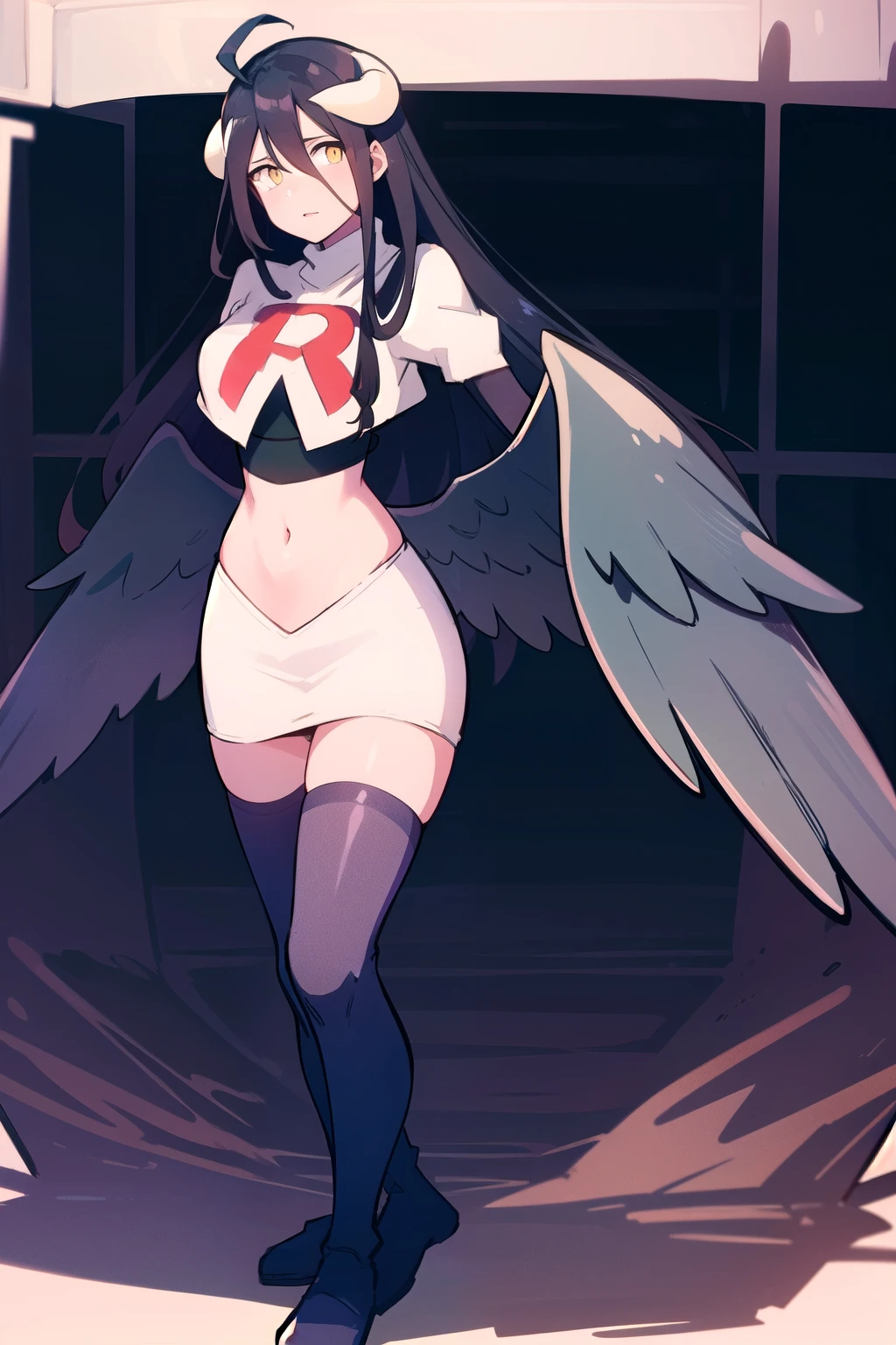 albedow, albedowings, medium breasts, long black hair, ahoge, yellow eyes, looking at viewer, parted lips, cowbot shot, team rocket,team rocket uniform,white skirt,red letter R,crop top,black thigh-highs