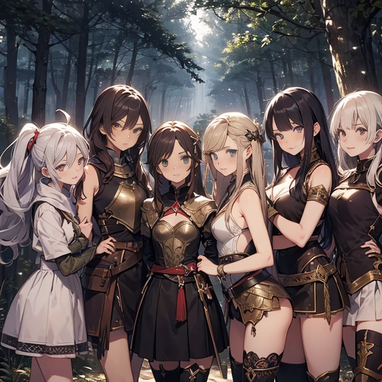A group of female medieval fantasy adventurers, (in forest), various hair styles, harem, night, details face, short skirt, seducing, sleeveless, armor