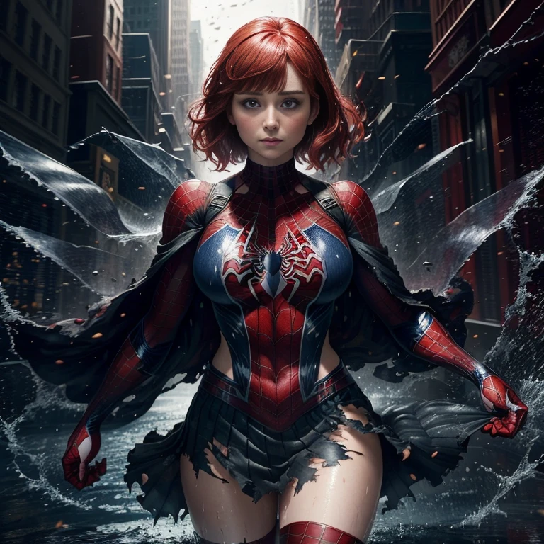 Bryce Dallas Howard、マーベル・コミック映画のPoster, Very beautiful, Movies about Spiderman, sexy, whole body, I'm wearing a skirt、Premiere date, Poster、belly buttonを突き出す、new york、She&#39;s wearing a torn Spider-Man suit,The suit is torn、Wearing a skirt、 Red and black color scheme,dynamic、masterpiece、highest quality、Ultra-detailed、Very detailed、A delicate and beautiful shine、超A high resolution、Cinematic,Break,Breakdrop,(Torn clothes:1.5), (Wet clothes:1.4), Bare shoulders,Real Rain,Wet Hair,belly button、Exposing Skin、sexyな肩を見せてる