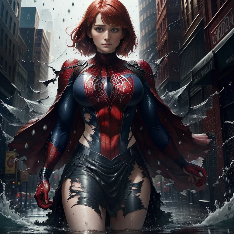 Bryce Dallas Howard、マーベル・コミック映画のPoster, Very beautiful, Movies about Spiderman, y, whole body, I'm wearing a skirt、Premiere date, Poster、belly but突き出す、new york、She's wearing a torn Spider-Man suit,The suit is torn、Wearing a skirt、 Red and black color scheme,dynamic、masterpiece、highest quality、Ultra-detailed、Very detailed、A delicate and beautiful shine、超A high resolution、Cinematic,Break,Breakdrop,(Torn clothes:1.5), (Wet clothes:1.4), Bare shoulders,Real Rain,Wet Hair,belly button、sing Skin、sexyな肩を見せてる