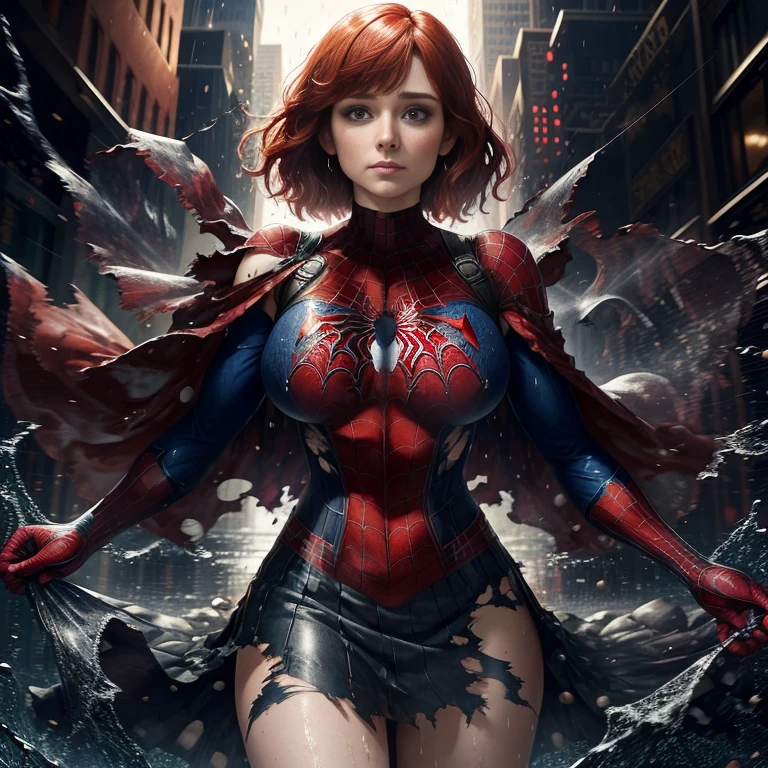 Bryce Dallas Howard、マーベル・コミック映画のPoster, Very beautiful, Movies about Spiderman, sexy, whole body, I'm wearing a skirt、Premiere date, Poster、belly buttonを突き出す、new york、She&#39;s wearing a torn Spider-Man suit,The suit is torn、Wearing a skirt、 Red and black color scheme,dynamic、masterpiece、highest quality、Ultra-detailed、Very detailed、A delicate and beautiful shine、超A high resolution、Cinematic,Break,Breakdrop,(Torn clothes:1.5), (Wet clothes:1.4), Bare shoulders,Real Rain,Wet Hair,belly button、Exposing Skin、sexyな肩を見せてる
