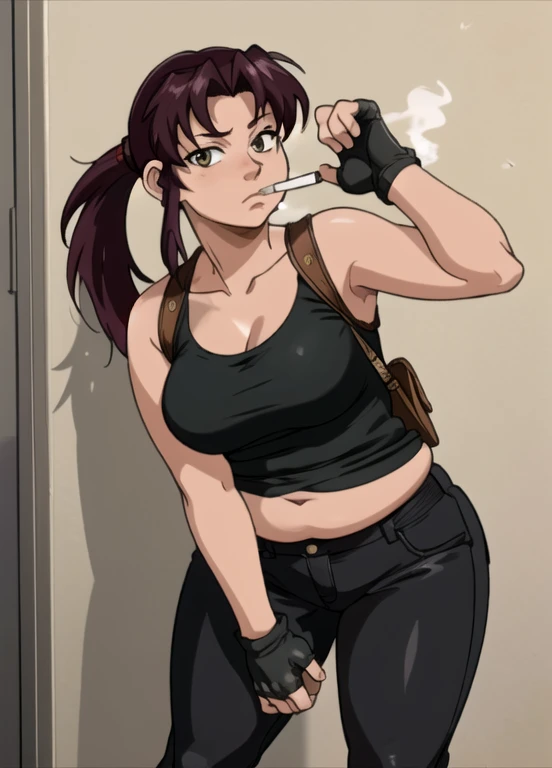 (masterpiece, highest quality:1.2), solo, 1girl, revy, 45-year-old, mature woman, milf, (Chubby figure:1.5), expressionless, looking at viewer, ponytail, (Wearing: red tank top, fingerless gloves, black leather pants), holding a cigarette, city street, standing, leaning up against a wall
