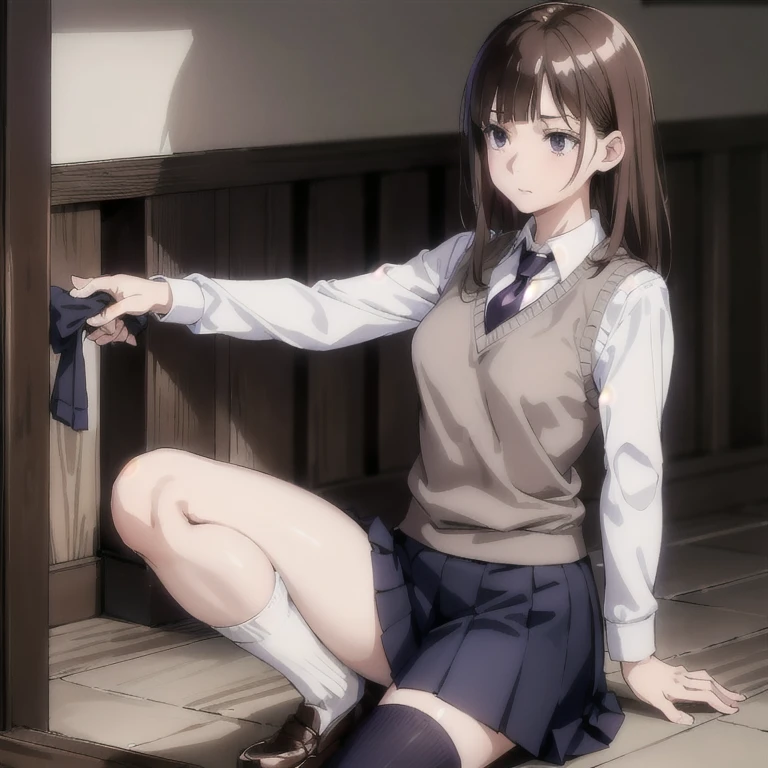 masterpiece,high quality,solo,
sasaki,1girl,
Tied brown hair, lilac eyes, 
,white shirt,collared shirt,necktie,sweater vest,
pleated skirt,
socks,
shoes,
night,school,corridor,hiding,