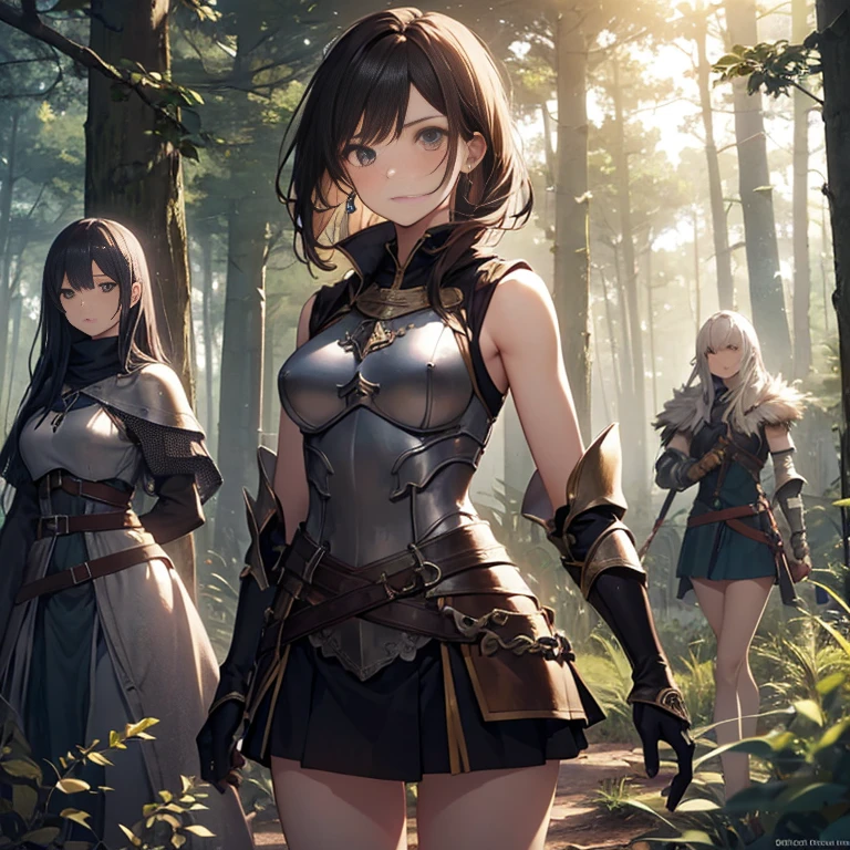 A group of female medieval fantasy adventurers, (in forest), various hair styles, harem, night, details face, short skirt, seducing, sleeveless, armor
