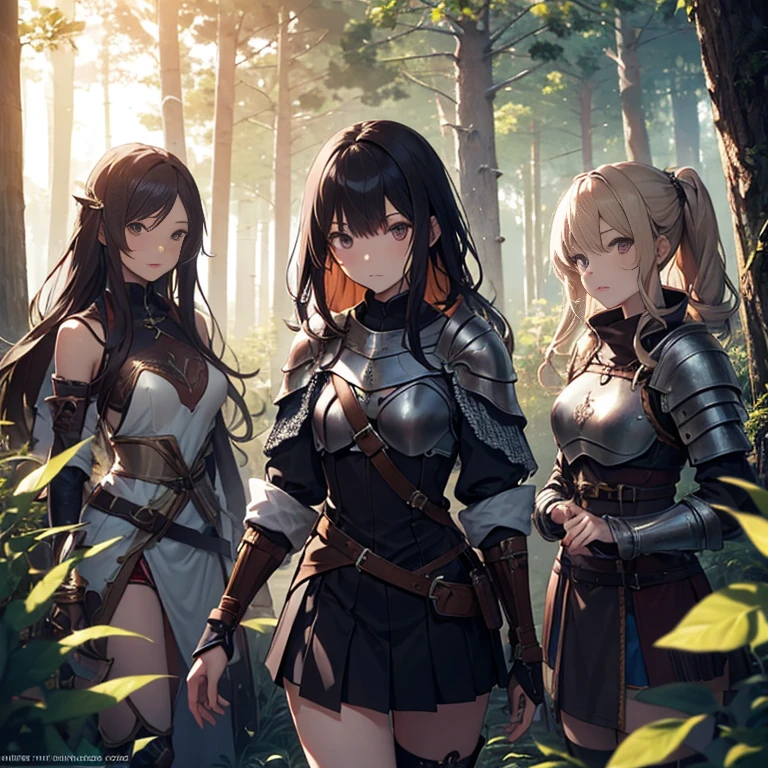 A group of  female medieval fantasy adventurers, (in forest), various hair styles, harem, night, details face, short skirt, seducing, sleeveless, armor