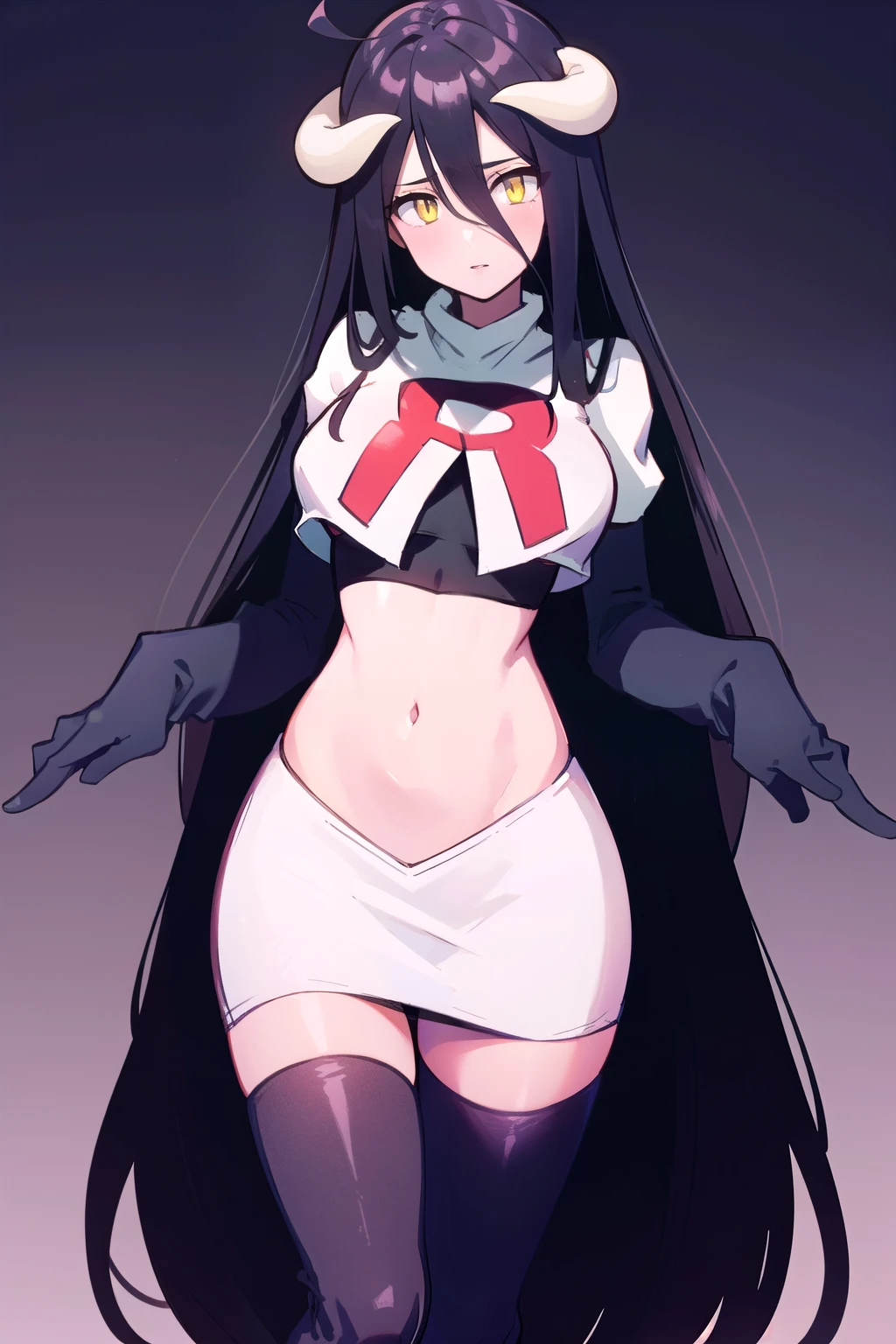 albedow, albedowings, medium breasts, long black hair, ahoge, yellow eyes, looking at viewer, parted lips, cowbot shot, team rocket,team rocket uniform,white skirt,red letter R,crop top,black thigh-highs