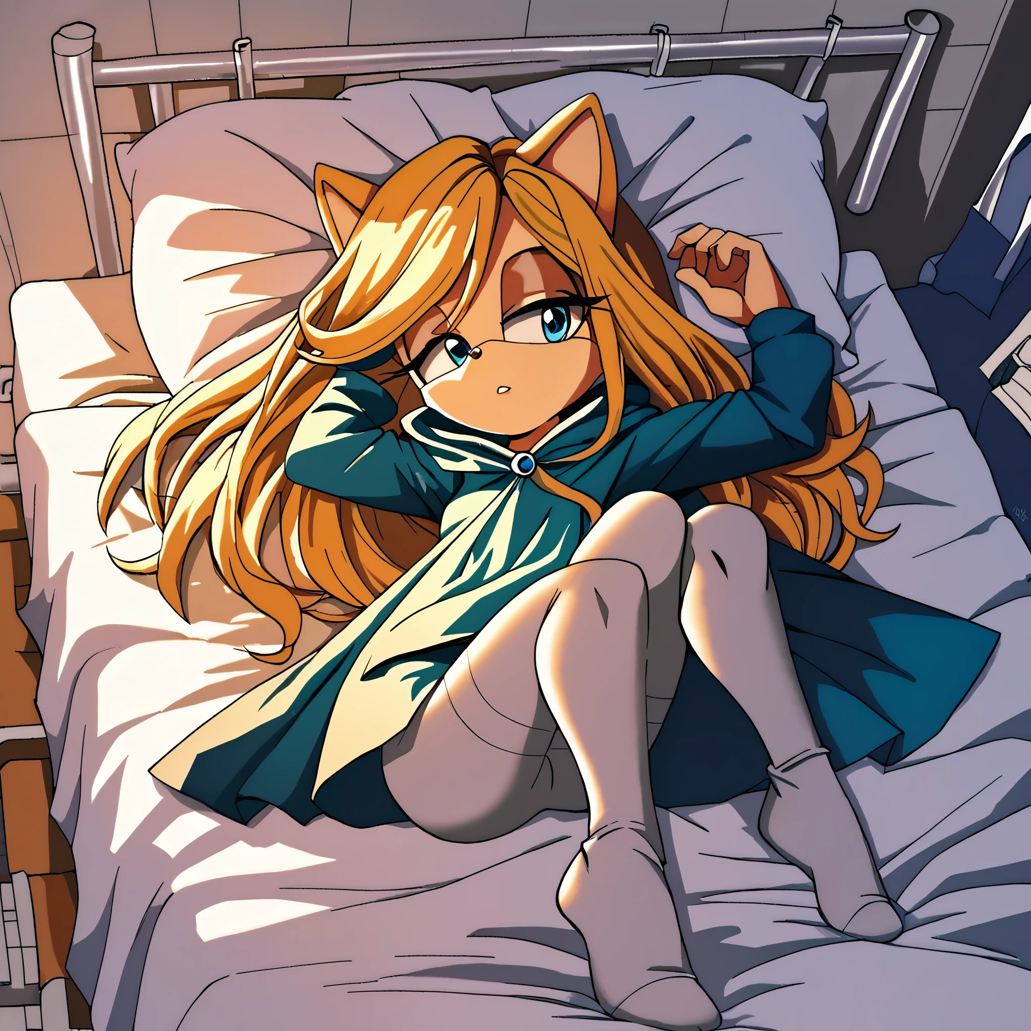 score_9, score_8_up, score_7_up, ((Masterpiece)), high quality, studio quality, 1girl, Female, mobian, hedgehog, 1girl, solo, blue sorceress dress, hooded cape, blonde fur, long hair, grey leggings, hair bangs, lying on a hospital bed, asleep
