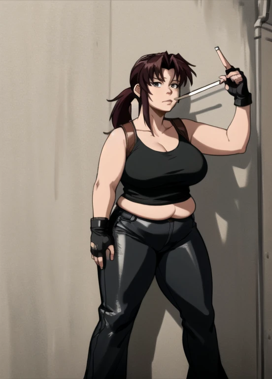 (masterpiece, highest quality:1.2), solo, 1girl, revy, 45-year-old, mature woman, milf, (Chubby figure:1.5), expressionless, looking at viewer, ponytail, (Wearing: red tank top, fingerless gloves, black leather pants), holding a cigarette, city street, standing, leaning up against a wall
