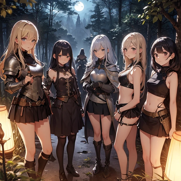 A group of  female medieval fantasy adventurers, (in forest), various hair styles, harem, night, details face, short skirt, seducing, sleeveless, armor