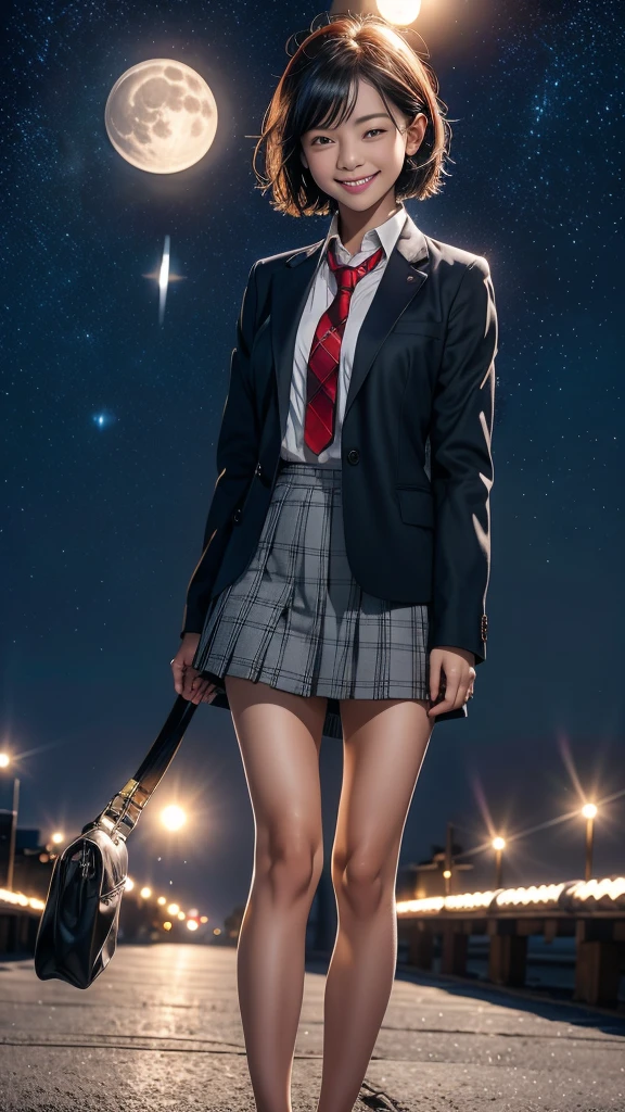 1 girl, alone, looking at viewer, smiling, short hair, skirt, shirt, black hair, long sleeves, holding, hair between eyes, brown eyes, mouth closed, uniform, jacket, white shirt, ahoge, pleated skirt, outdoors, tie, sky, bag, plaid, night, plaid skirt, moon, blazer, red tie, stars (sky), night sky, full moon, starry sky, beautiful legs