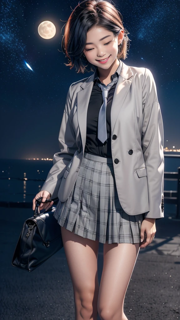 1 girl, alone, looking at viewer, smiling, short hair, skirt, shirt, black hair, long sleeves, holding, hair between eyes, brown eyes, mouth closed, uniform, jacket, white shirt, ahoge, pleated skirt, outdoors, tie, sky, bag, plaid, night, plaid skirt, moon, blazer, red tie, stars (sky), night sky, full moon, starry sky, beautiful legs