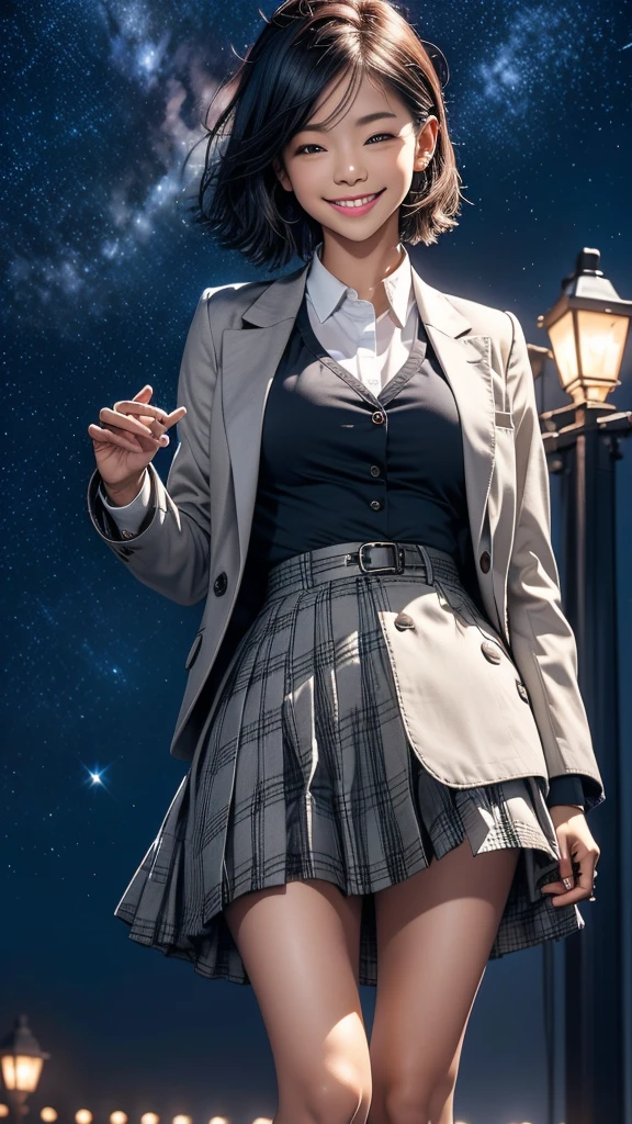1 girl, alone, looking at viewer, smiling, short hair, skirt, shirt, black hair, long sleeves, holding, hair between eyes, brown eyes, mouth closed, uniform, jacket, white shirt, ahoge, pleated skirt, outdoors, tie, sky, bag, plaid, night, plaid skirt, moon, blazer, red tie, stars (sky), night sky, full moon, starry sky, beautiful legs
