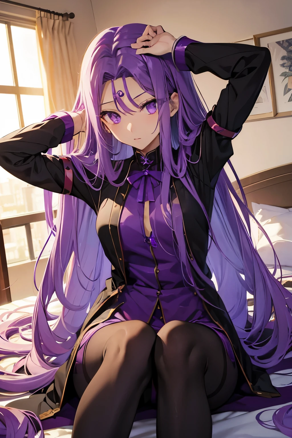 Medusa、fate、Purple Hair、Long Hair、((pantyhose))、Photo from below、Medium chest、Bedroom、anta Claus clothes、Leg spread