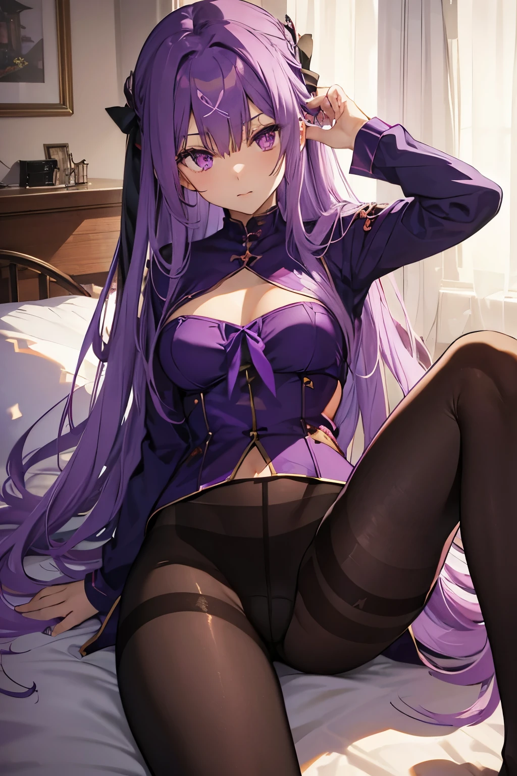 Medusa、fate、Purple Hair、Long Hair、((pantyhose))、Photo from below、Medium chest、Bedroom、anta Claus clothes、Leg spread