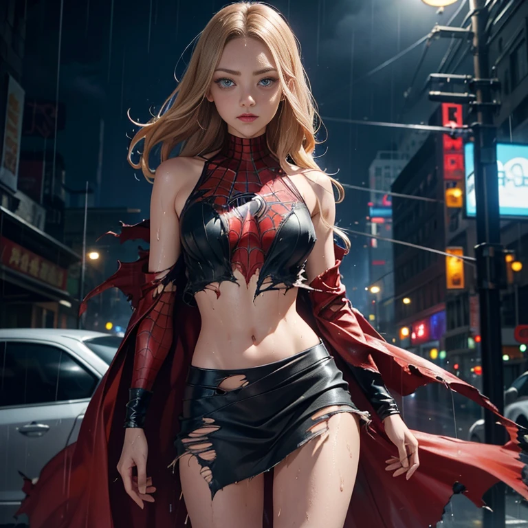 Amanda Seyfried、マーベル・コミック映画のPoster, Very beautiful, Movies about Spiderman, sexy, whole body, I'm wearing a skirt、Premiere date, Poster、belly buttonを突き出す、new york、She's wearing a torn Spider-Man suit,The suit is torn、Wearing a skirt、 Red and black color scheme,dynamic、masterpiece、highest quality、Ultra-detailed、Very detailed、A delicate and beautiful shine、超A high resolution、Cinematic,Break,Breakdrop,(Torn clothes:1.5), (Wet clothes:1.4), Bare shoulders,Real Rain,Wet Hair,belly button、Exposing Skin、sexyな肩を見せてる