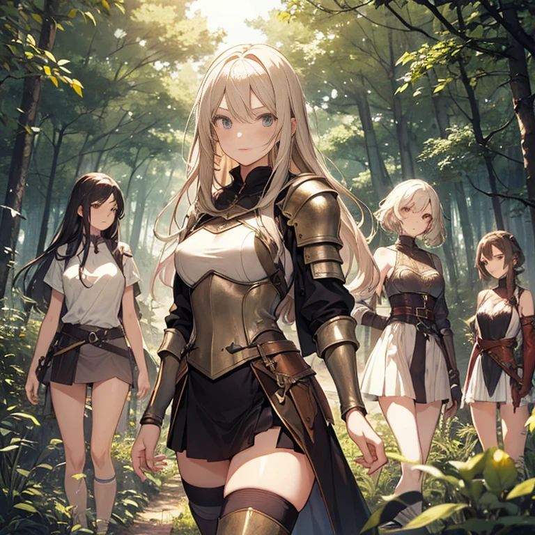 A group of female medieval fantasy adventurers, (in forest), various hair styles, harem, night, details face, short skirt, seducing, sleeveless, armor