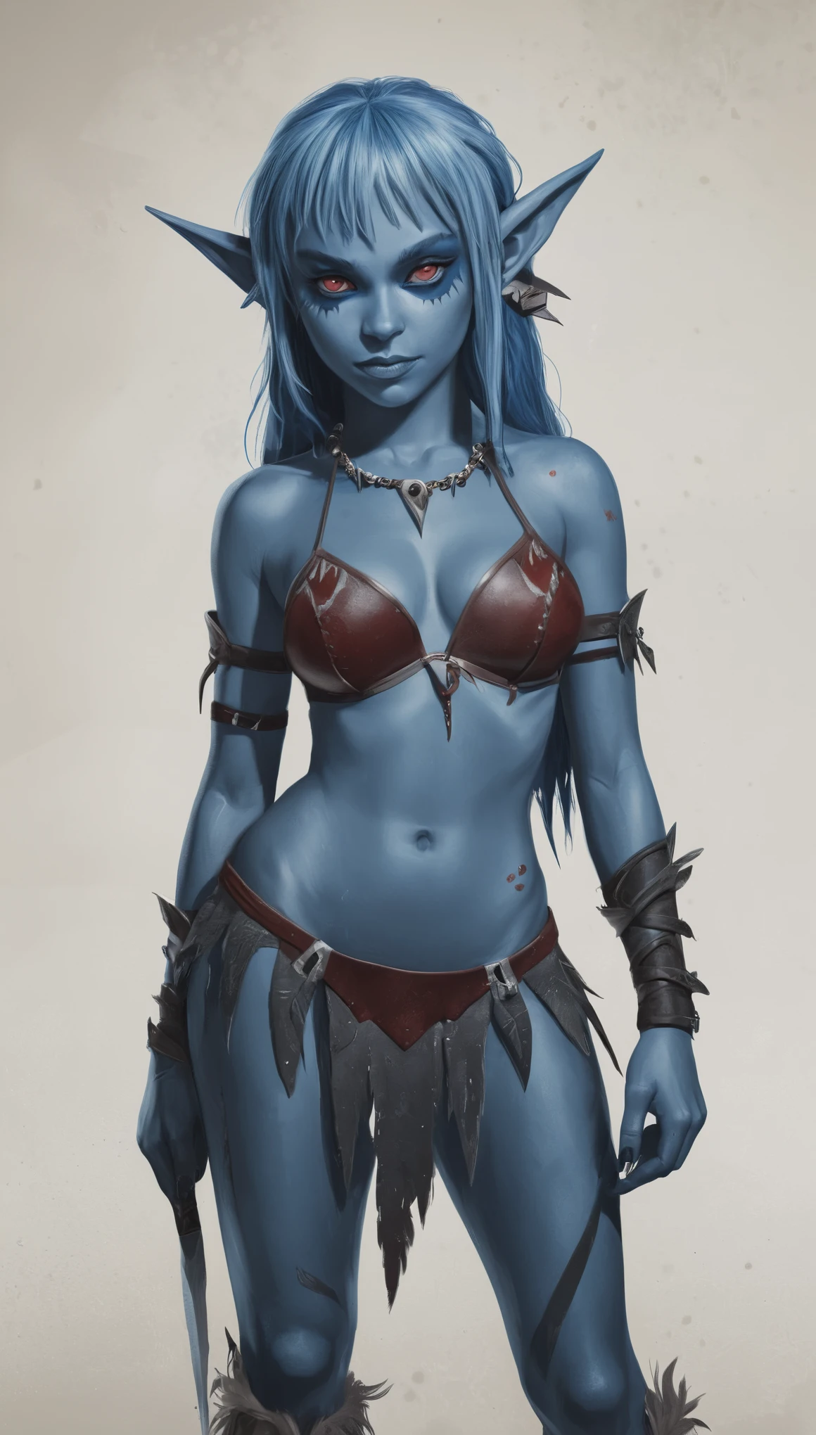An illustrated movie poster, hand-drawn, full color, a young drow girl, drow elf, wearing a barbarian bikini, blue skin, blue complexion, pointy elf ears, ruby eyes, dark hair, shaggy bangs, posing like a model, hard shadows, graphite shading, stencil marks, airbrushed acrylic paint, masterpiece, in the style of Rockstar Games 