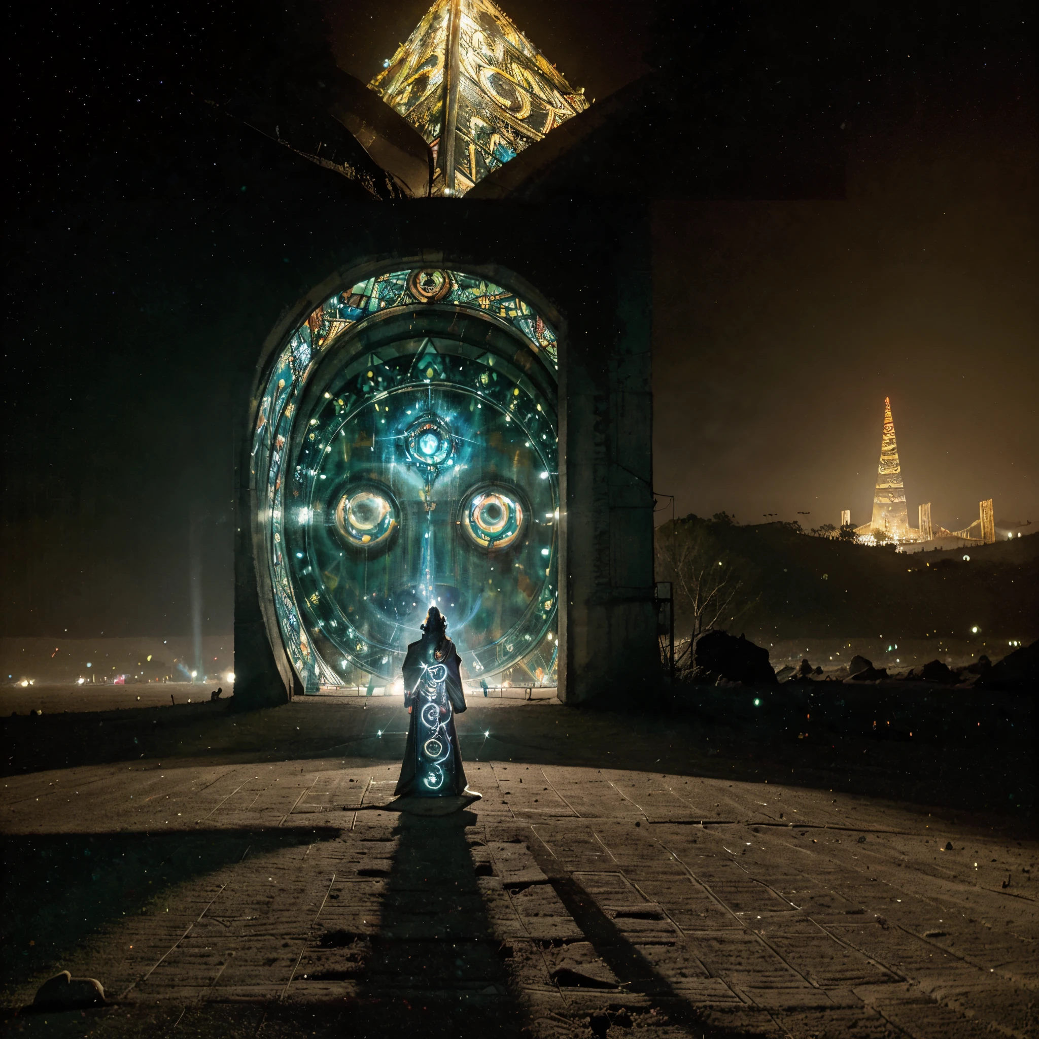 Cristo salvador entre un mundo apocaliptico saliendo victorioso en un desierto tipo cyber punk art abstracto tipo efecto de dmt sagrado representacion de lmal contra el bien en la vida y el mundo em el que vivimos como naturaleza piramides y simbologia sagrada meditacion chakras