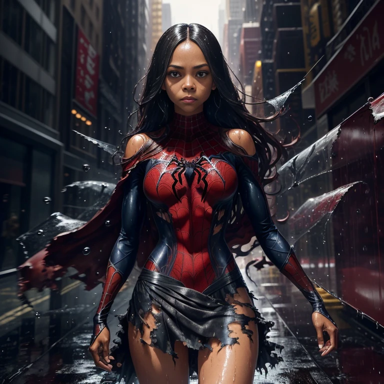 Zoe Saldana、マーベル・コミック映画のPoster, Very beautiful, Movies about Spiderman, sexy, whole body, I'm wearing a skirt、Premiere date, Poster、belly buttonを突き出す、new york、She's wearing a torn Spider-Man suit,The suit is torn、Wearing a skirt、 Red and black color scheme,dynamic、masterpiece、highest quality、Ultra-detailed、Very detailed、A delicate and beautiful shine、超A high resolution、Cinematic,Break,Breakdrop,(Torn clothes:1.5), (Wet clothes:1.4), Bare shoulders,Real Rain,Wet Hair,belly button、Exposing Skin、sexyな肩を見せてる