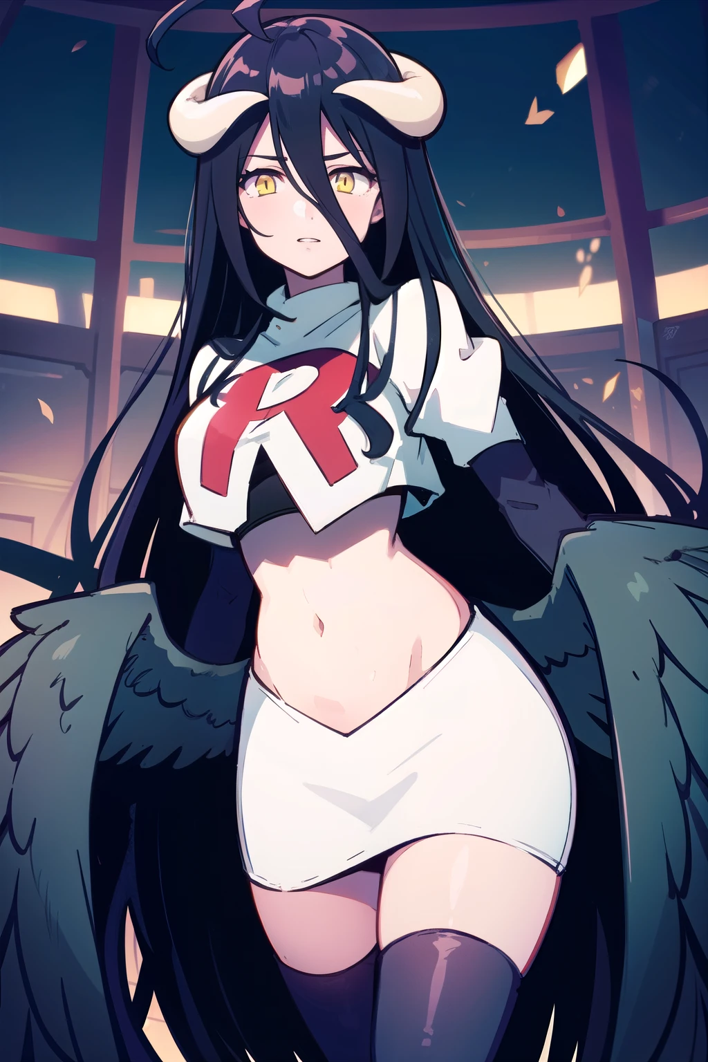 albedow, albedowings, medium breasts, long black hair, ahoge, yellow eyes, looking at viewer, parted lips, cowbot shot, team rocket,team rocket uniform,white skirt,red letter R,crop top,black thigh-highs